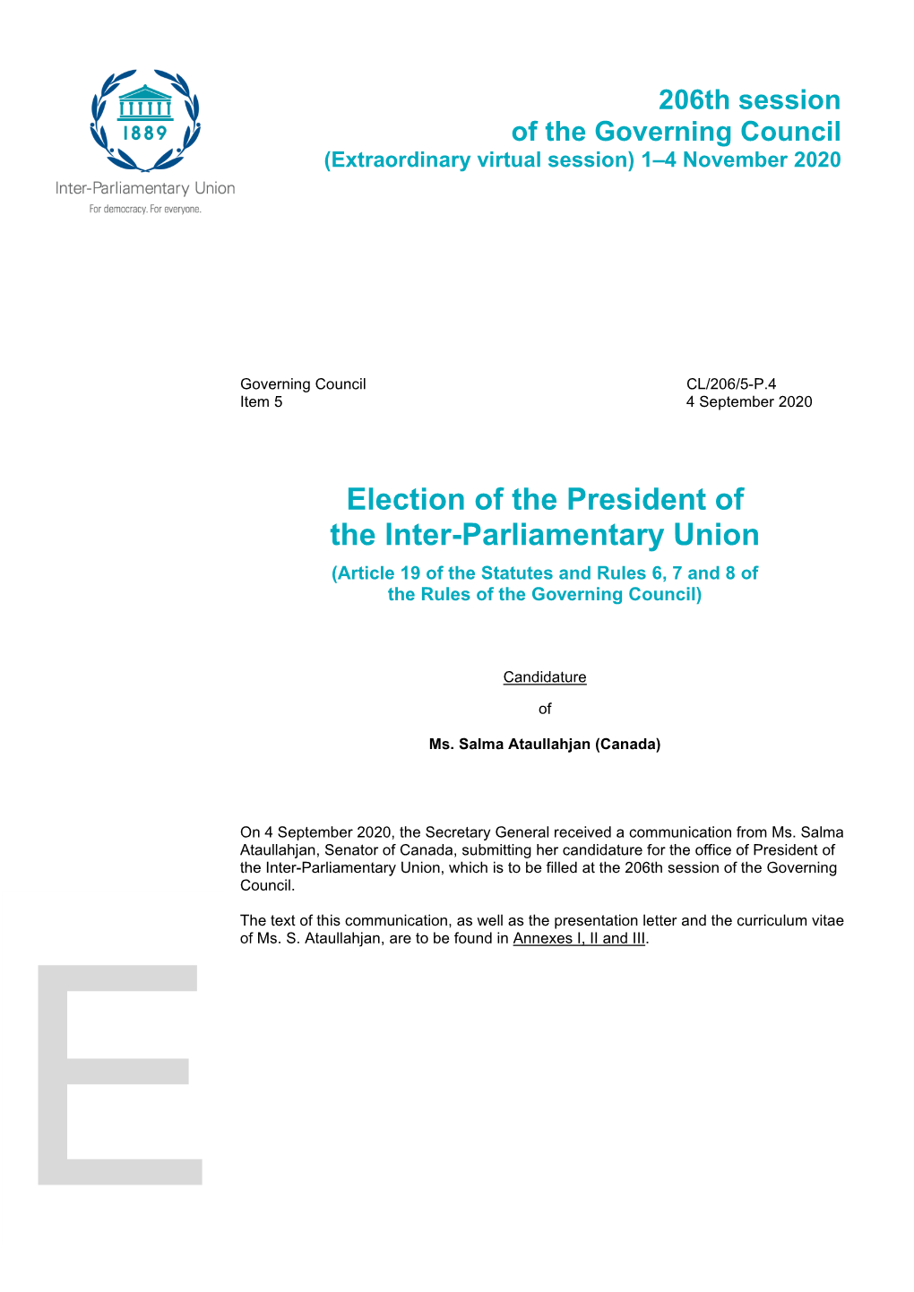 Election of the President of the Inter-Parliamentary Union