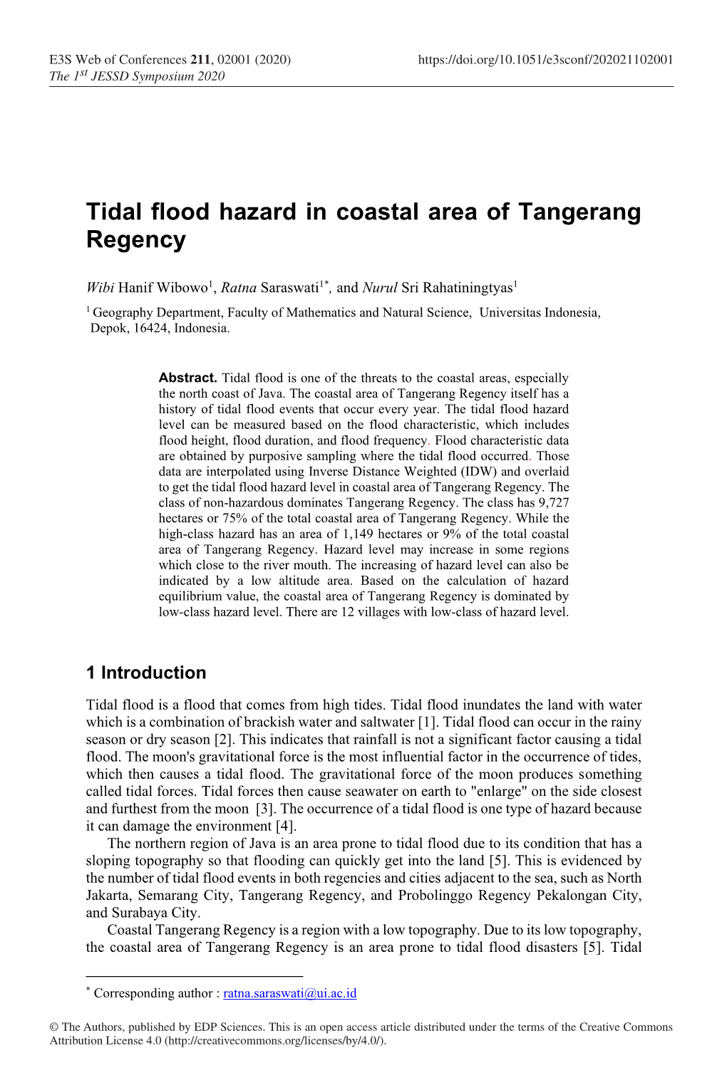 Tidal Flood Hazard in Coastal Area of Tangerang Regency