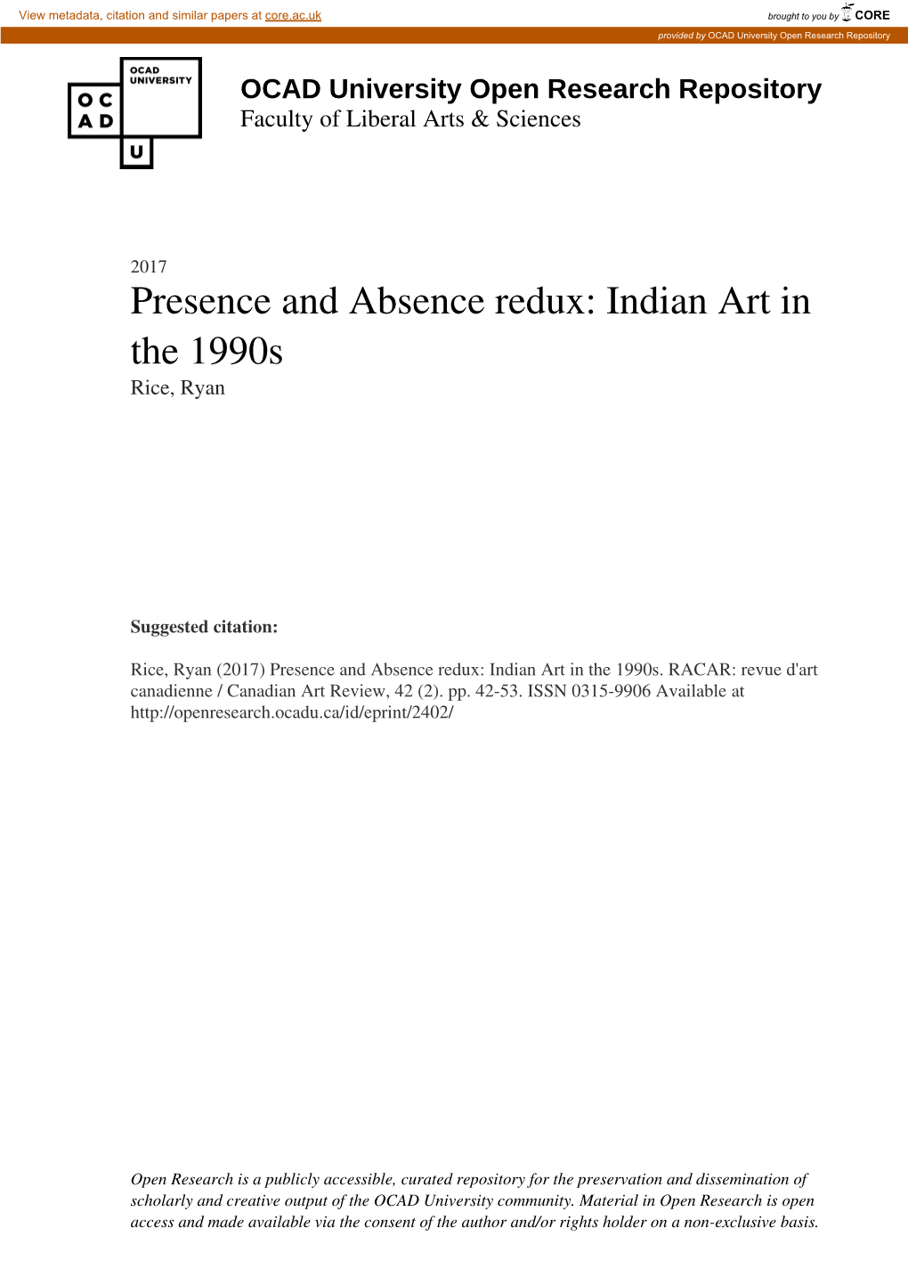 Presence and Absence Redux: Indian Art in the 1990S Rice, Ryan