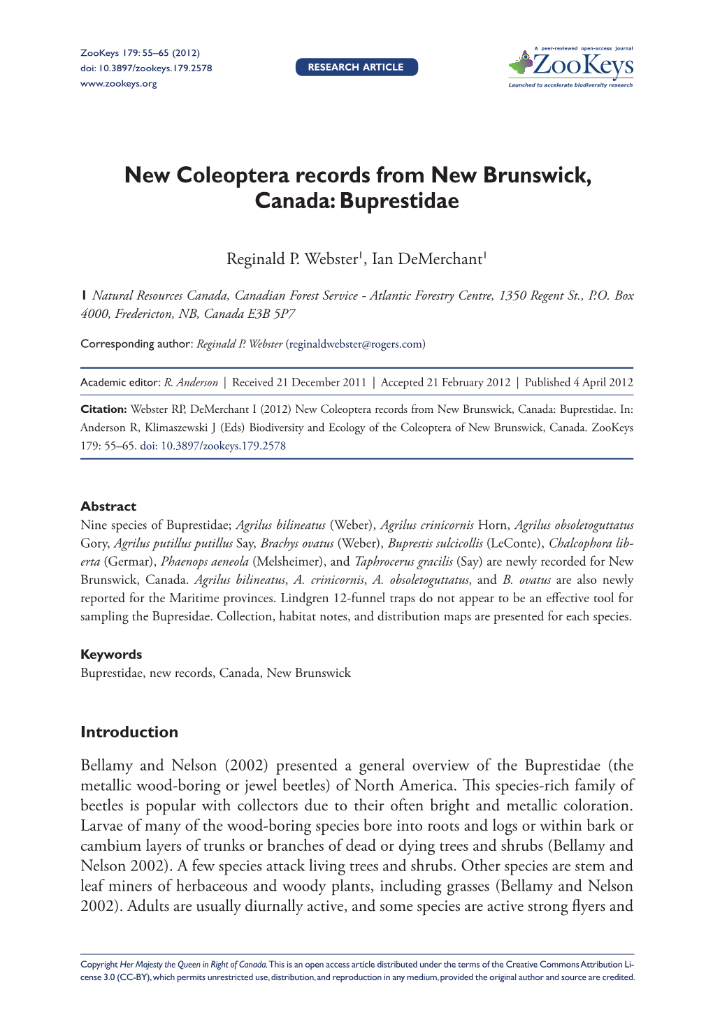 Buprestidae 55 Doi: 10.3897/Zookeys.179.2578 Research Article Launched to Accelerate Biodiversity Research