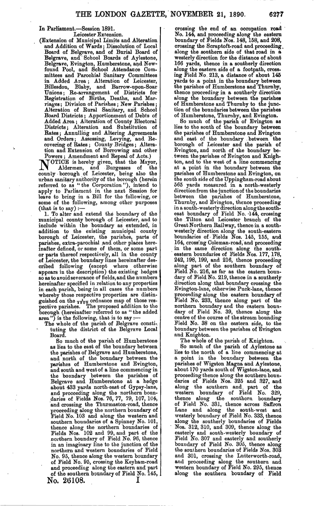 THE LONDON GAZETTE/NOVEMBER 21, 1890. 6277 No. 26108. I
