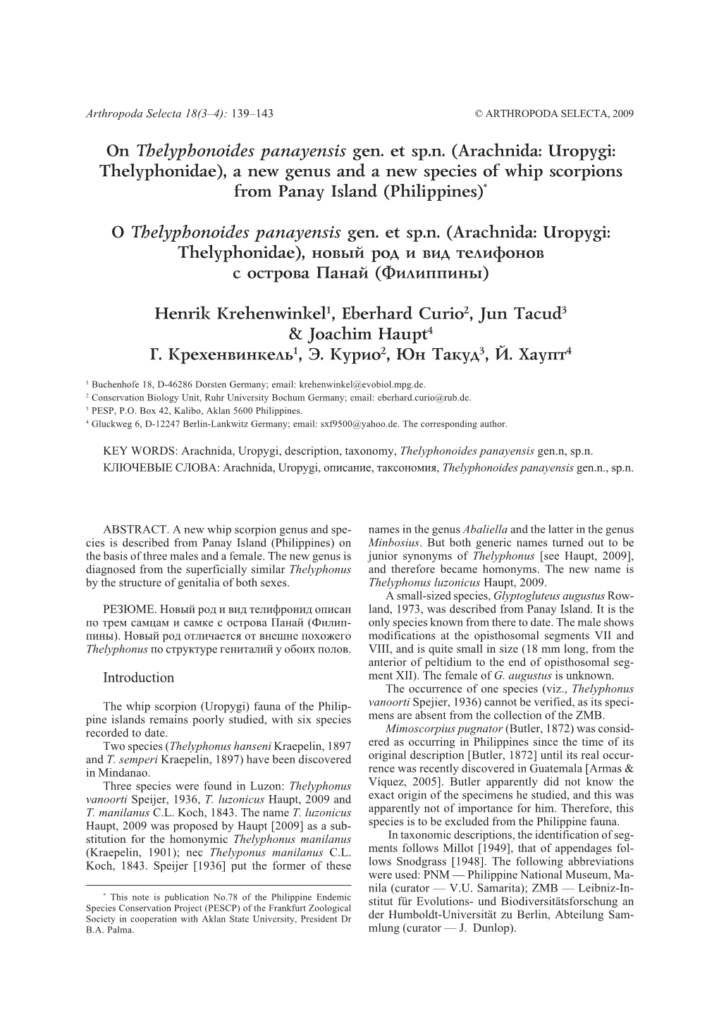 Arachnida: Uropygi: Thelyphonidae), a New Genus and a New Species of Whip Scorpions from Panay Island (Philippines)*