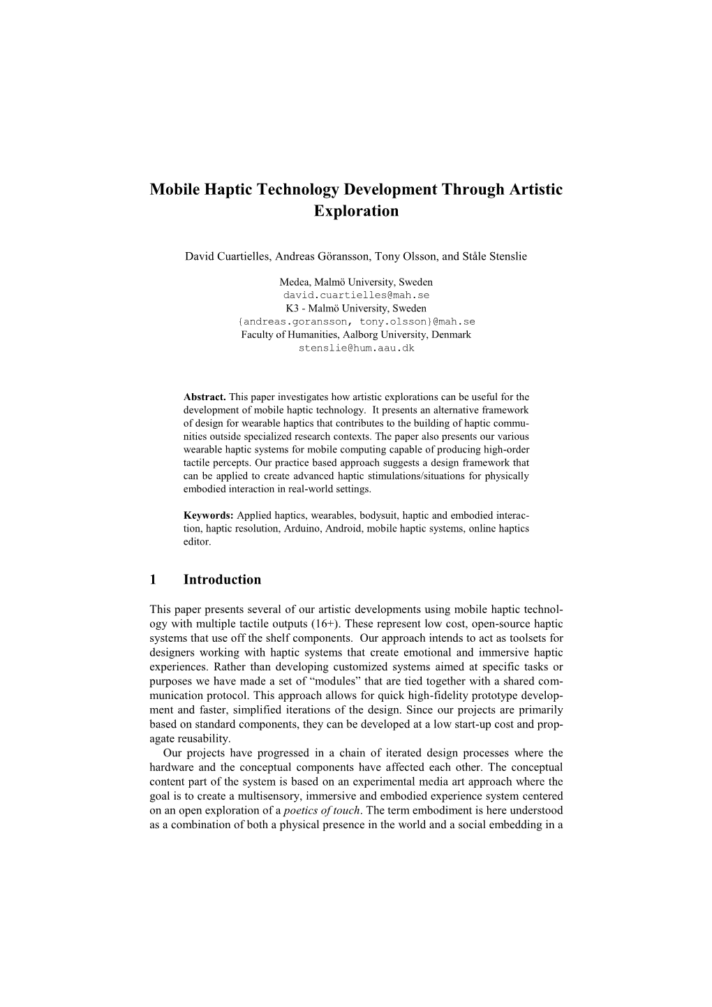 Mobile Haptic Technology Development Through Artistic Exploration