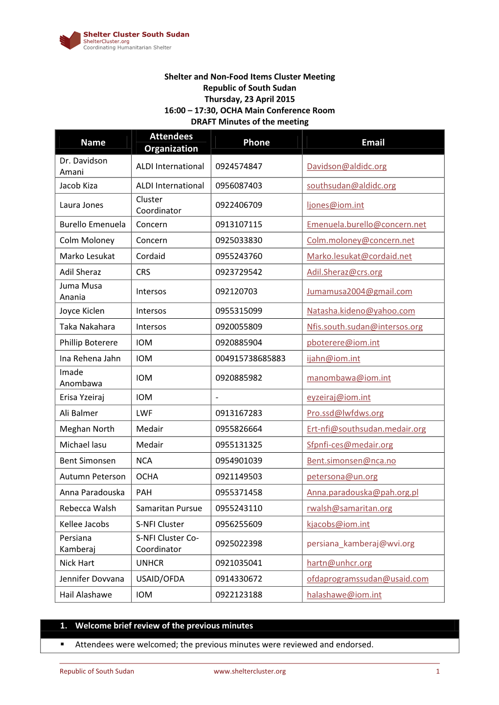 Name Attendees Organization Phone Email