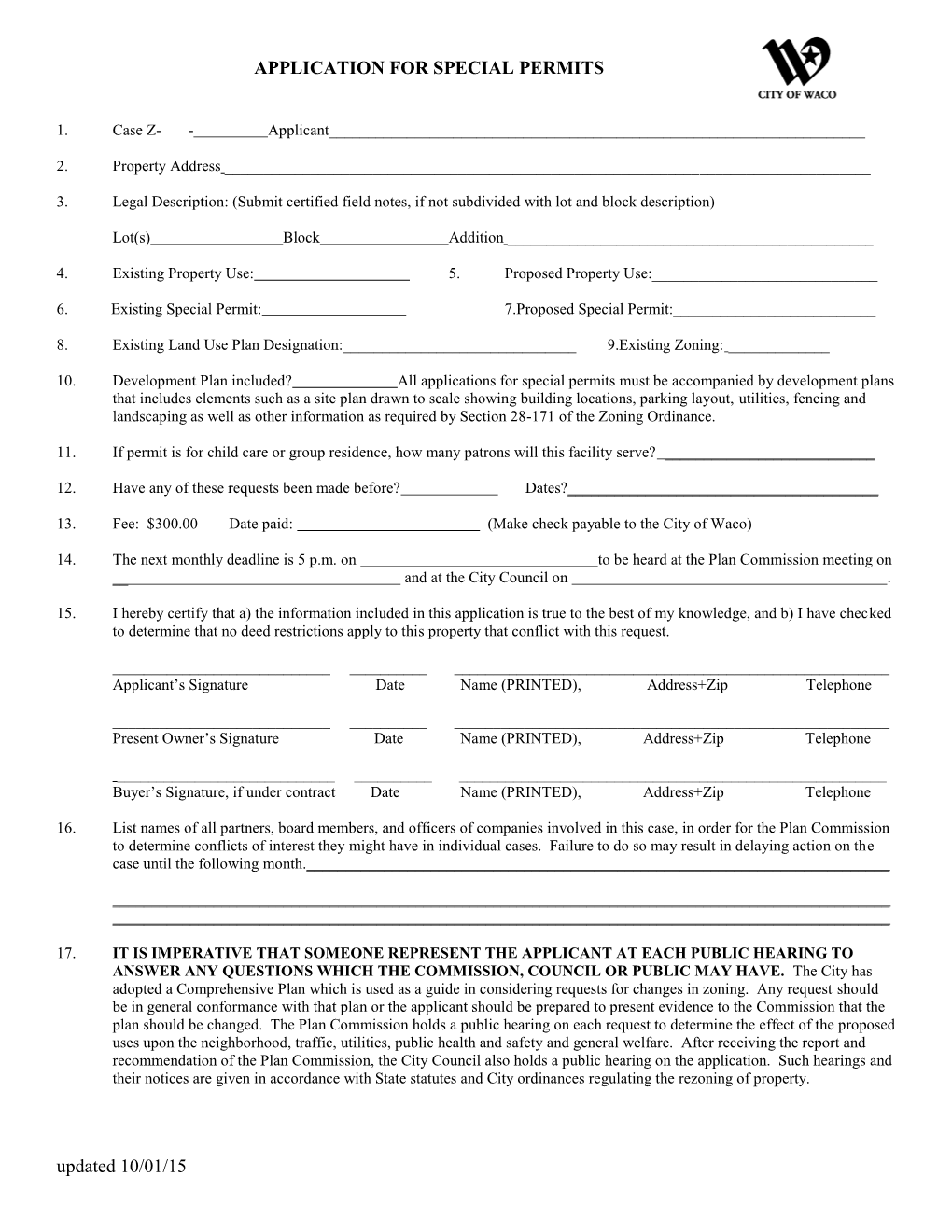 Updated 10/01/15 APPLICATION for SPECIAL PERMITS
