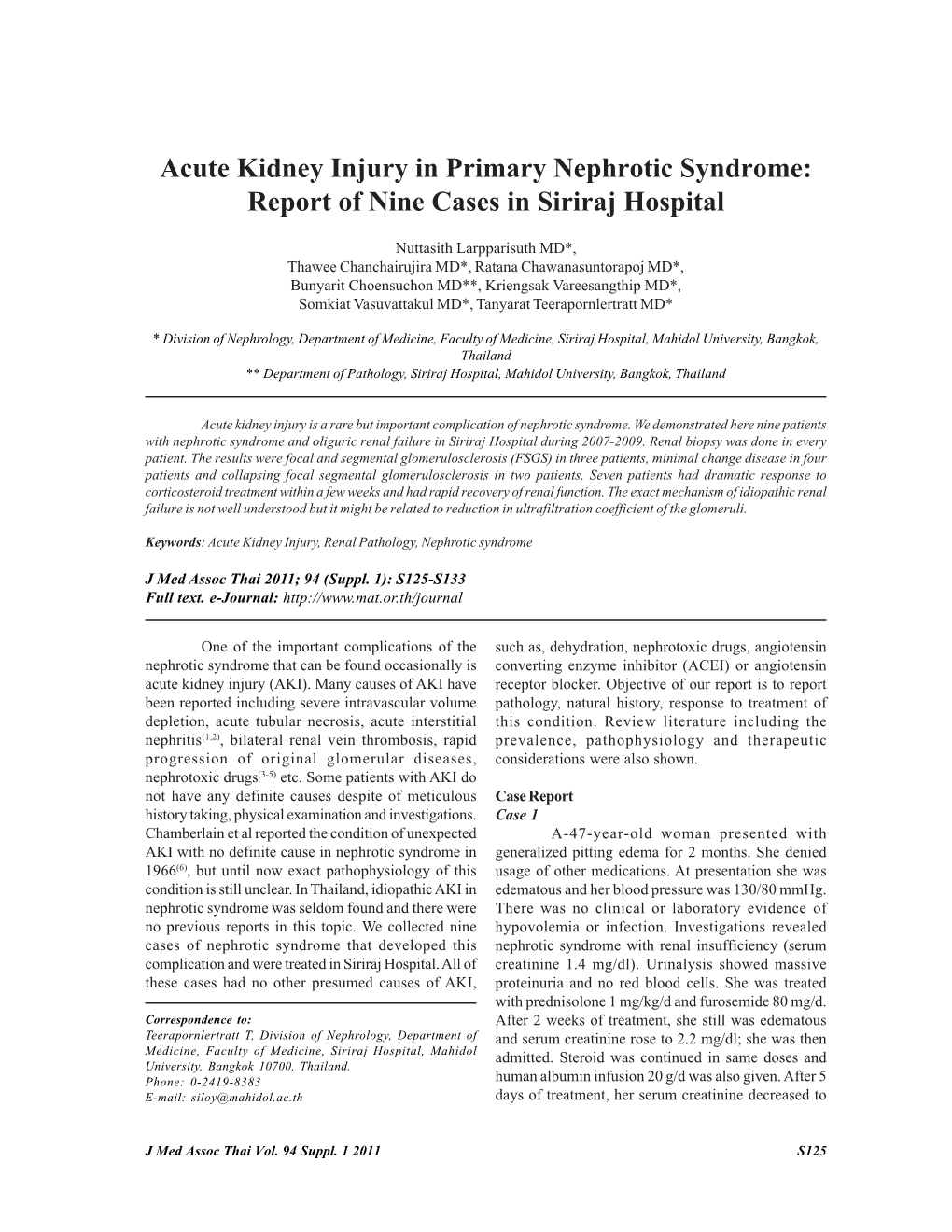 Acute Kidney Injury in Primary Nephrotic Syndrome: Report of Nine Cases in Siriraj Hospital