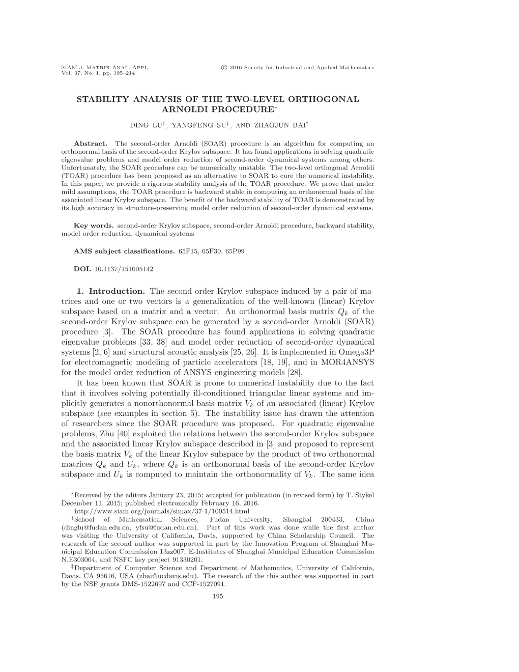 Stability Analysis of the Two-Level Orthogonal Arnoldi Procedure∗