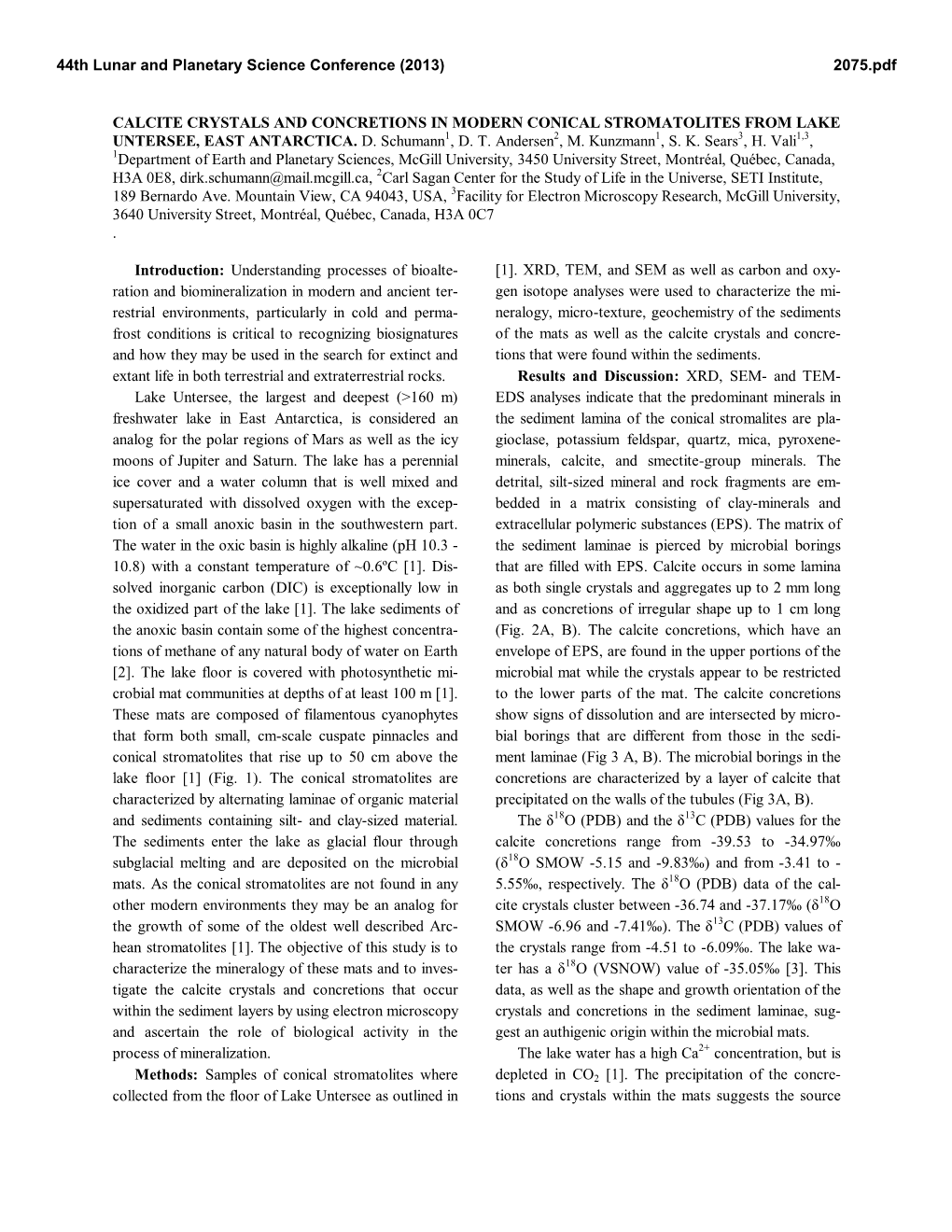 Calcite Crystals and Concretions in Modern Conical Stromatolites from Lake Untersee, East Antarctica