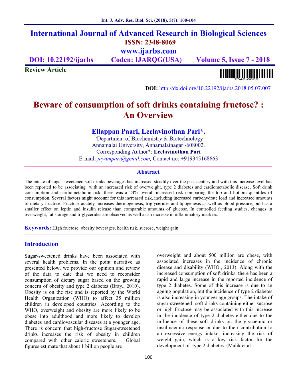 Beware of Consumption of Soft Drinks Containing Fructose? : an Overview