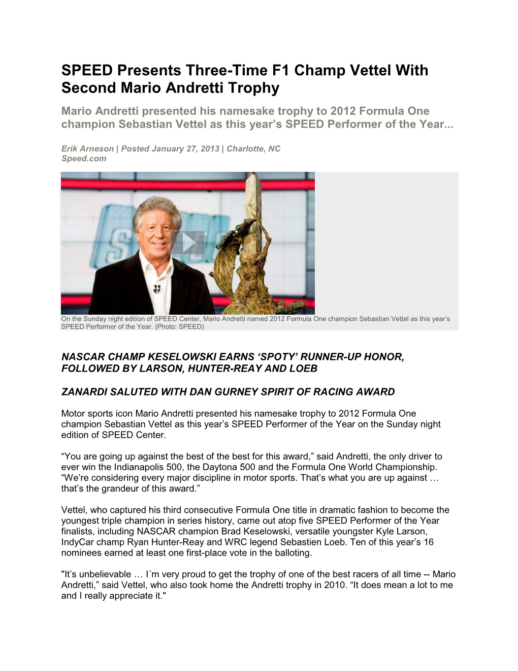 SPEED Presents Three-Time F1 Champ Vettel with Second Mario Andretti Trophy