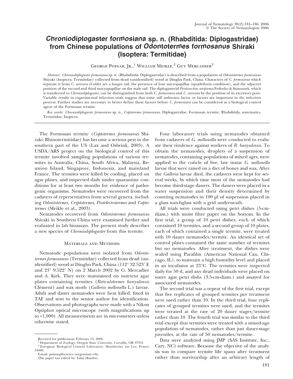 Chroniodiplogaster Formosiana Sp. N. (Rhabditida: Diplogastridae) from Chinese Populations of Odontotermes Formosanus Shiraki (Isoptera: Termitidae)