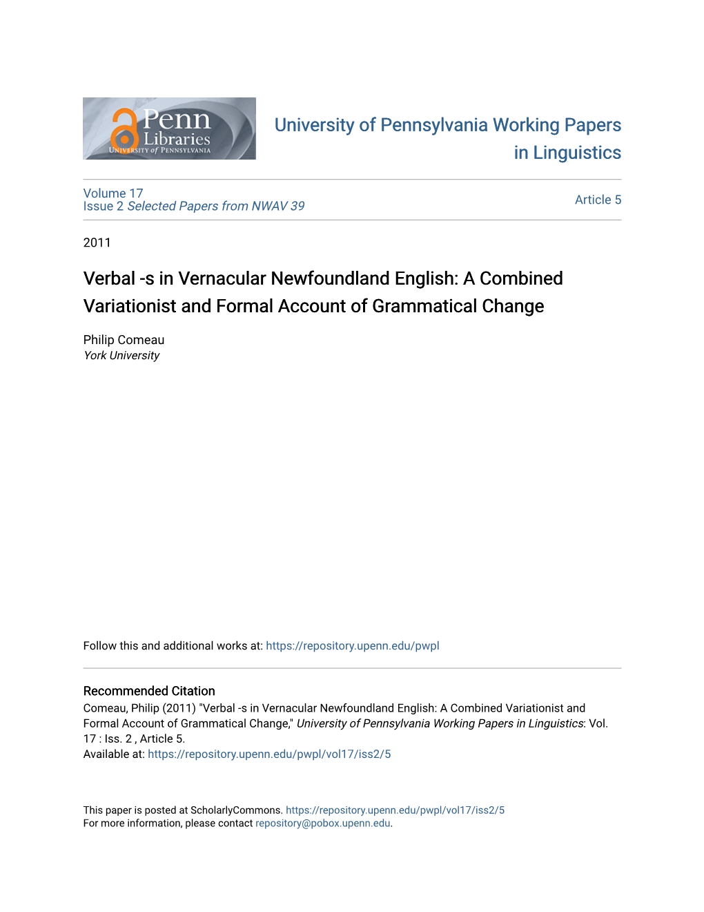 Verbal -S in Vernacular Newfoundland English: a Combined Variationist and Formal Account of Grammatical Change