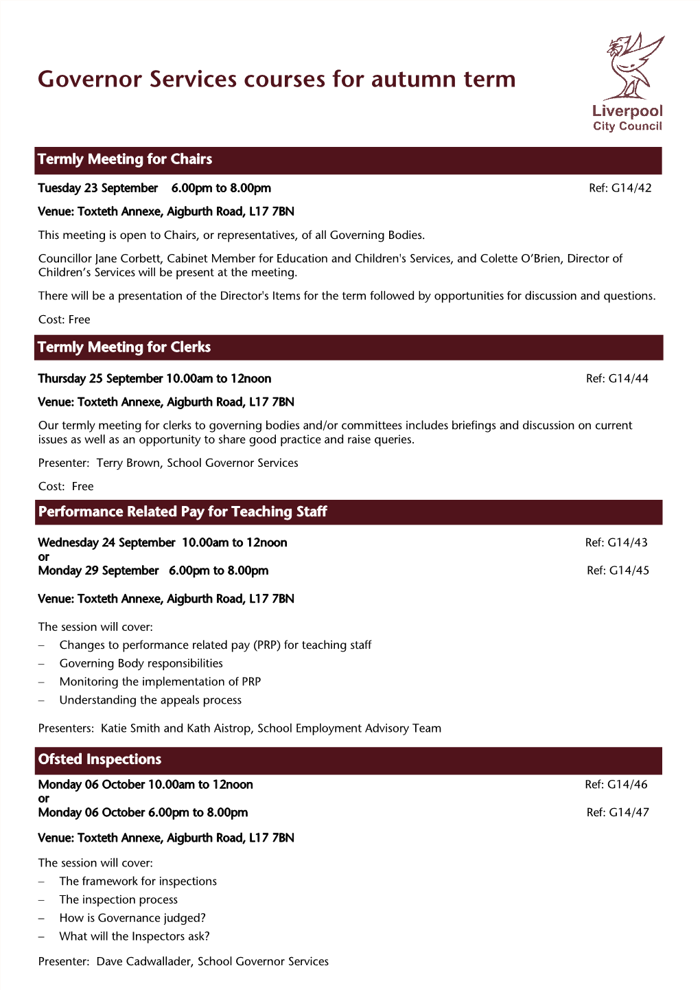 Governor Services Courses for Autumn Term