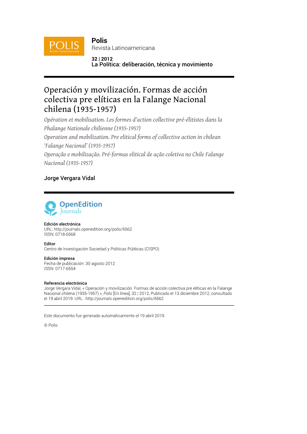 Operación Y Movilización. Formas De Acción Colectiva Pre Elíticas En La Falange Nacional Chilena (1935-1957) Opération Et Mobilisation