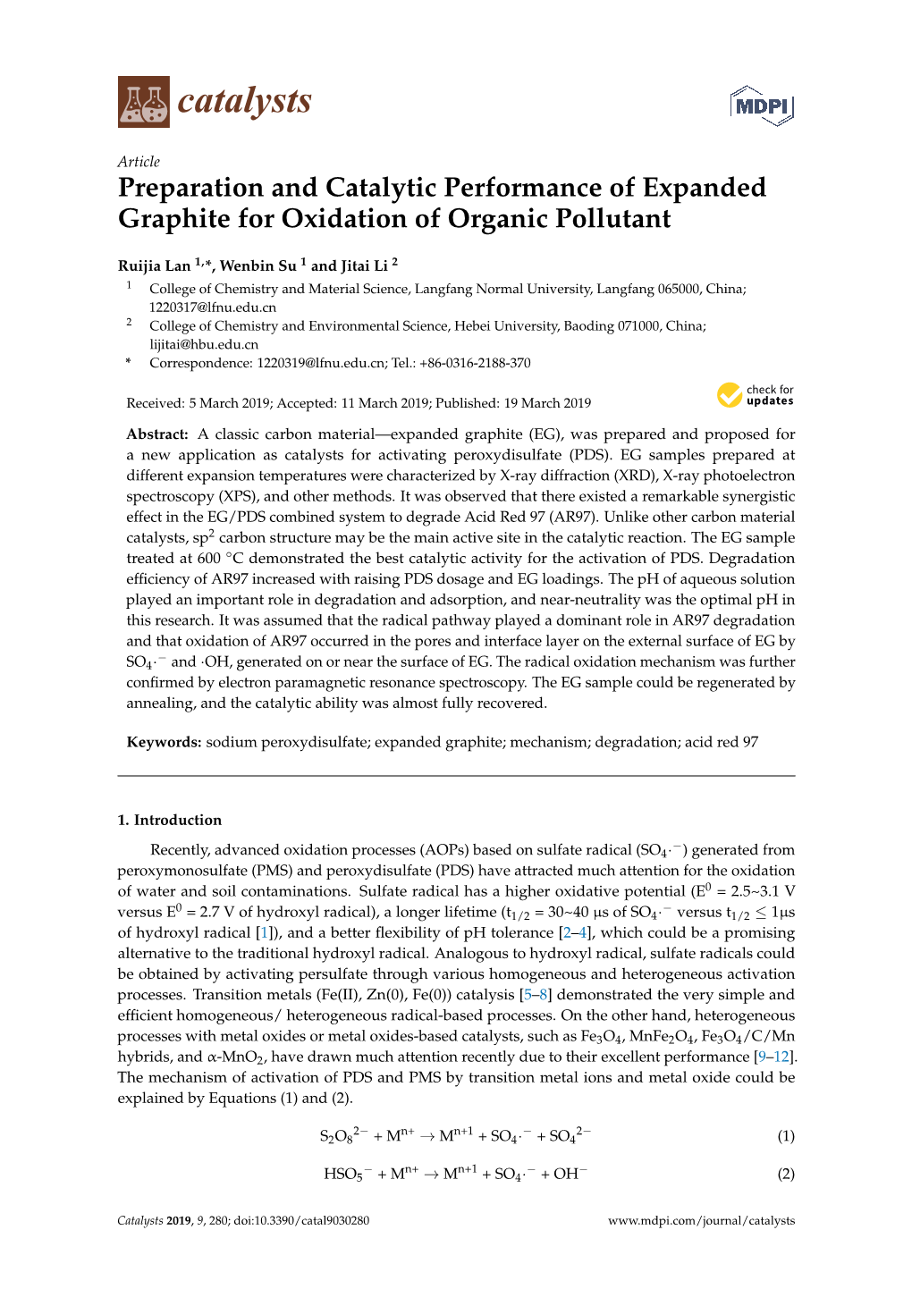 Preparation and Catalytic Performance of Expanded Graphite for Oxidation of Organic Pollutant