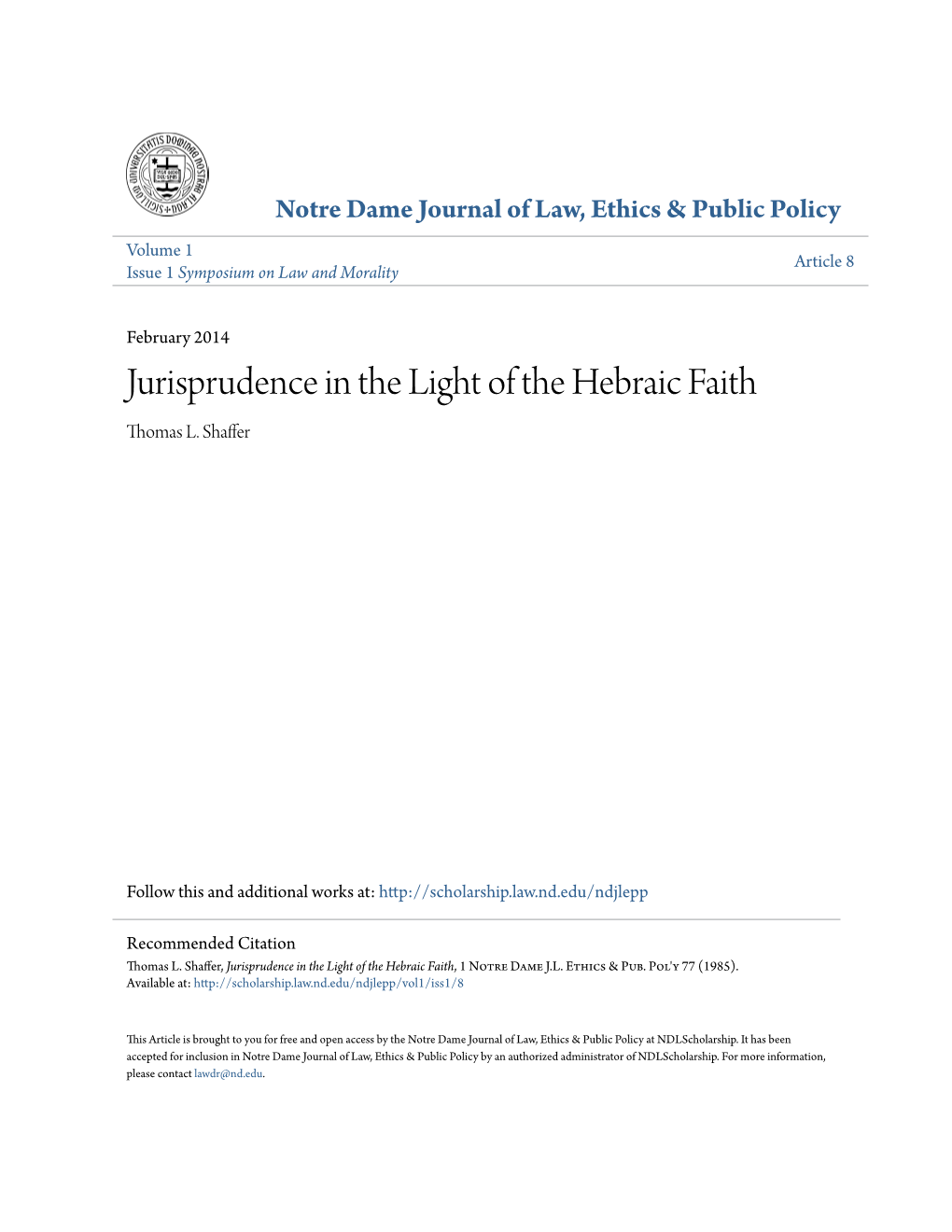 Jurisprudence in the Light of the Hebraic Faith Thomas L