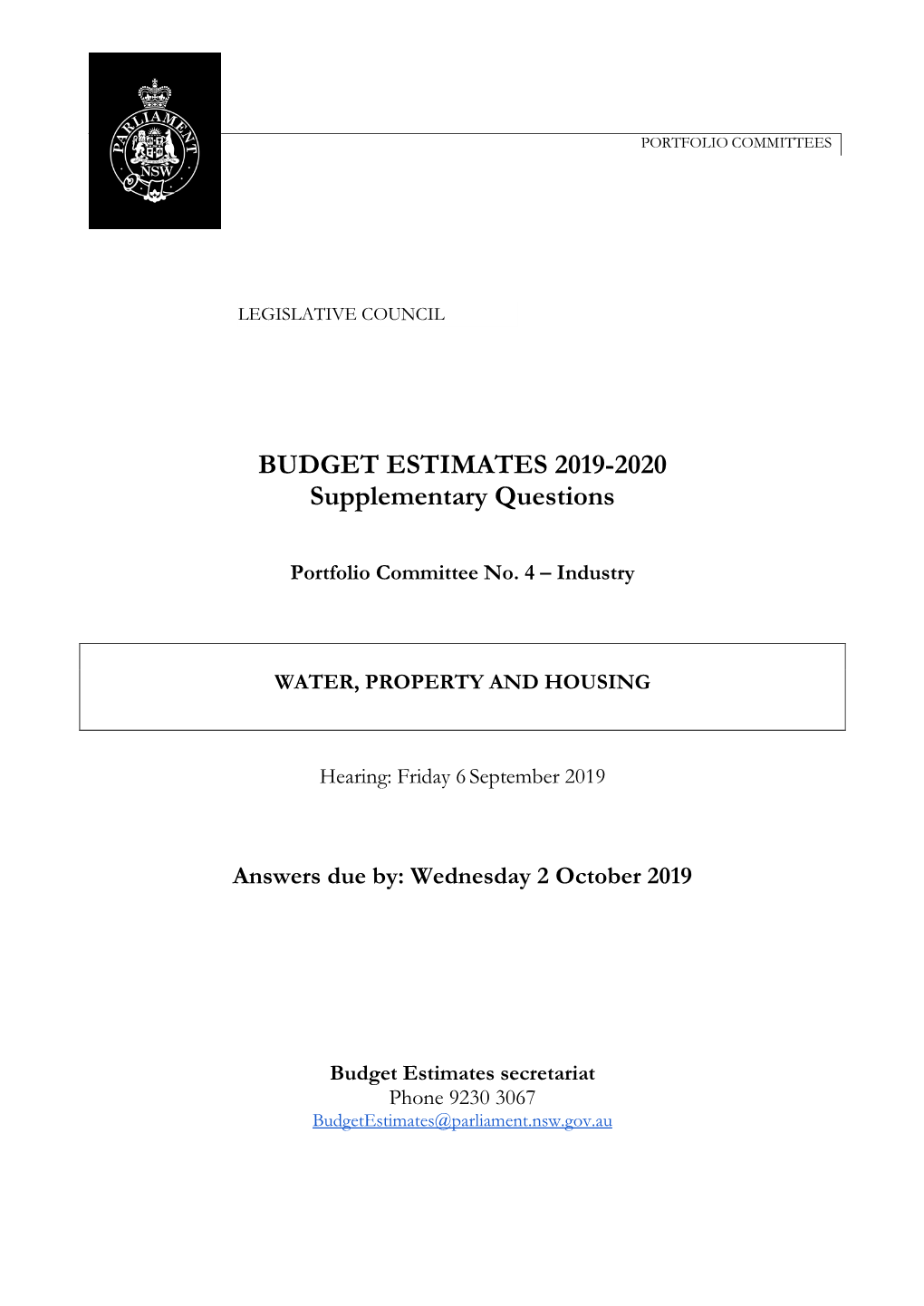 BUDGET ESTIMATES 2019-2020 Supplementary Questions