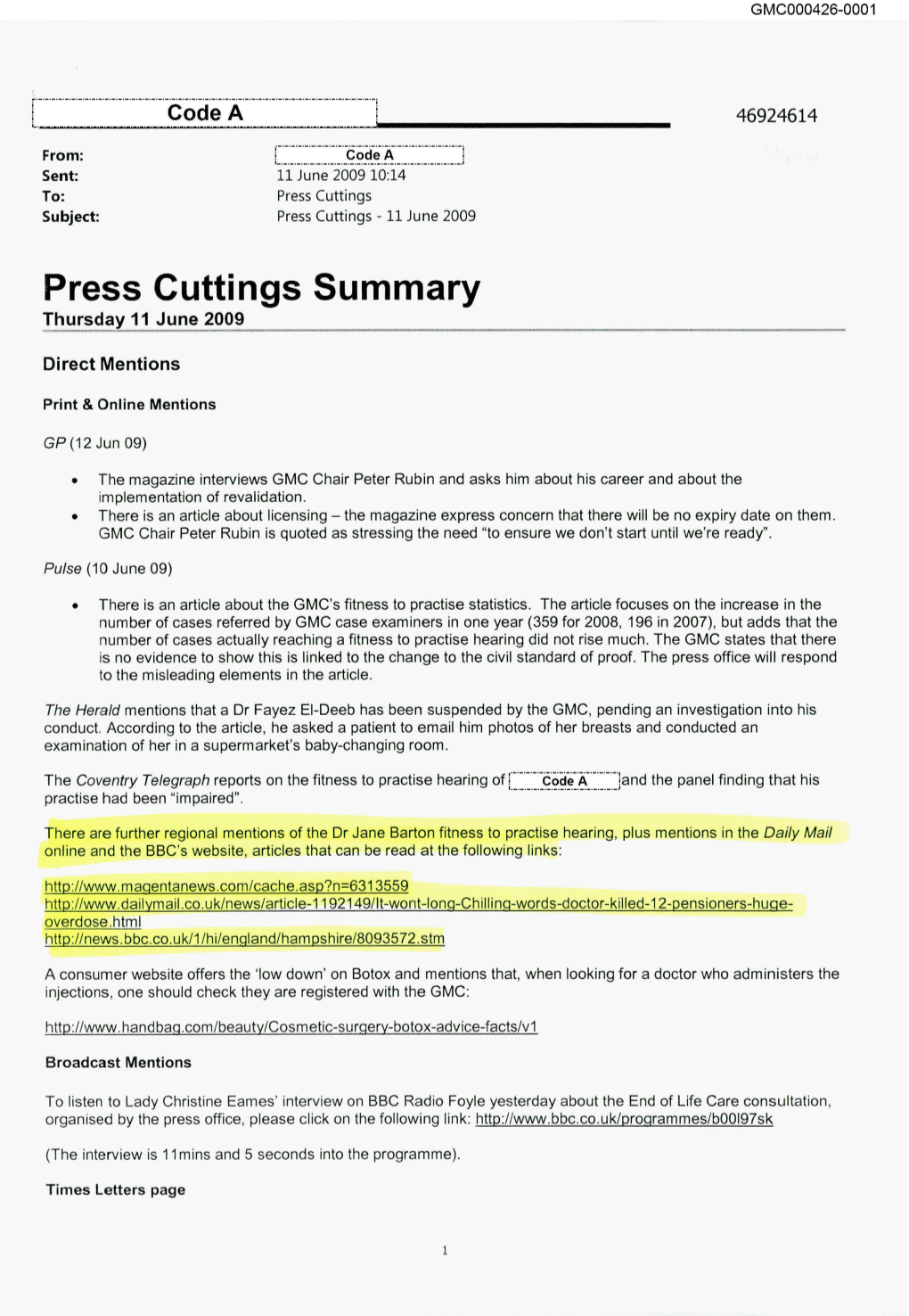 Press Cuttings Summary Thursday 11 June 2009