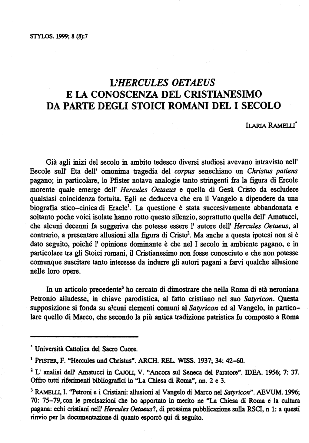 L'hercules Oetaeus E La Conoscenza Del Cristianesimo Da Parte Degli Stoici Romani Del 1 Secolo