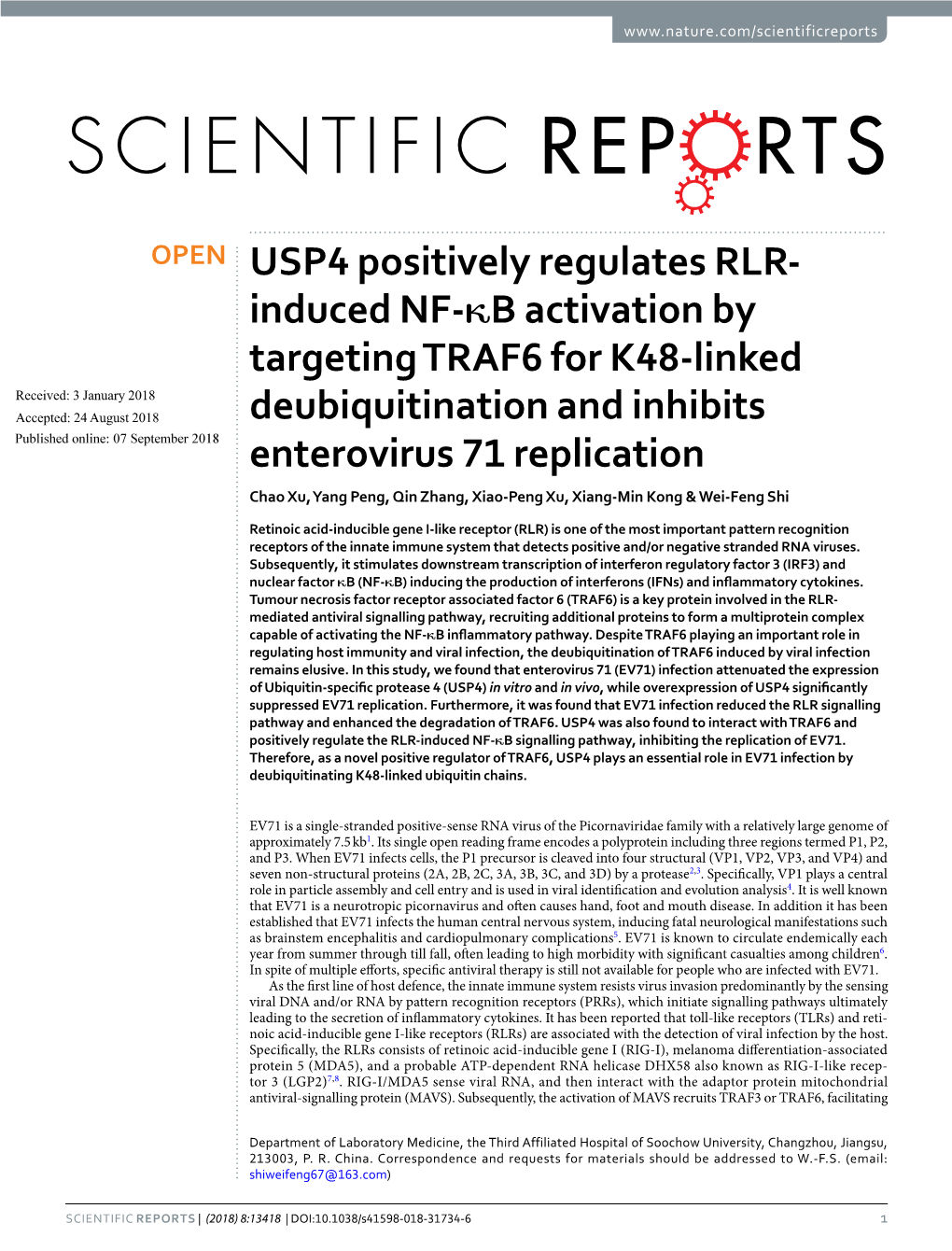 USP4 Positively Regulates RLR-Induced NF-Κb Activation By
