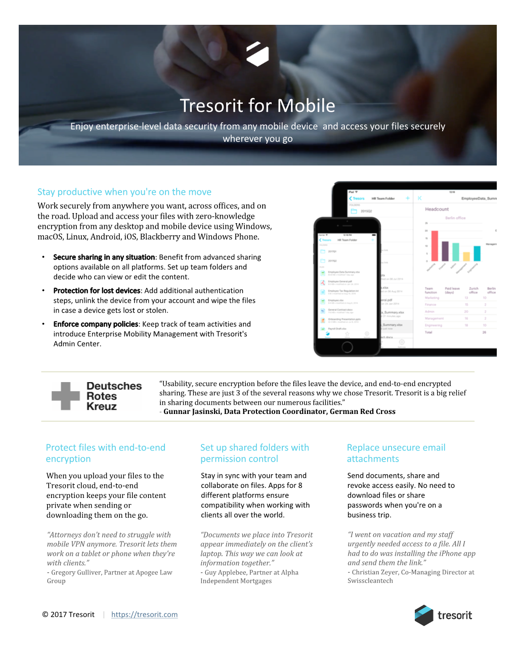 Tresorit for Mobile Enjoy Enterprise-Level Data Security from Any Mobile Device and Access Your Files Securely Wherever You Go