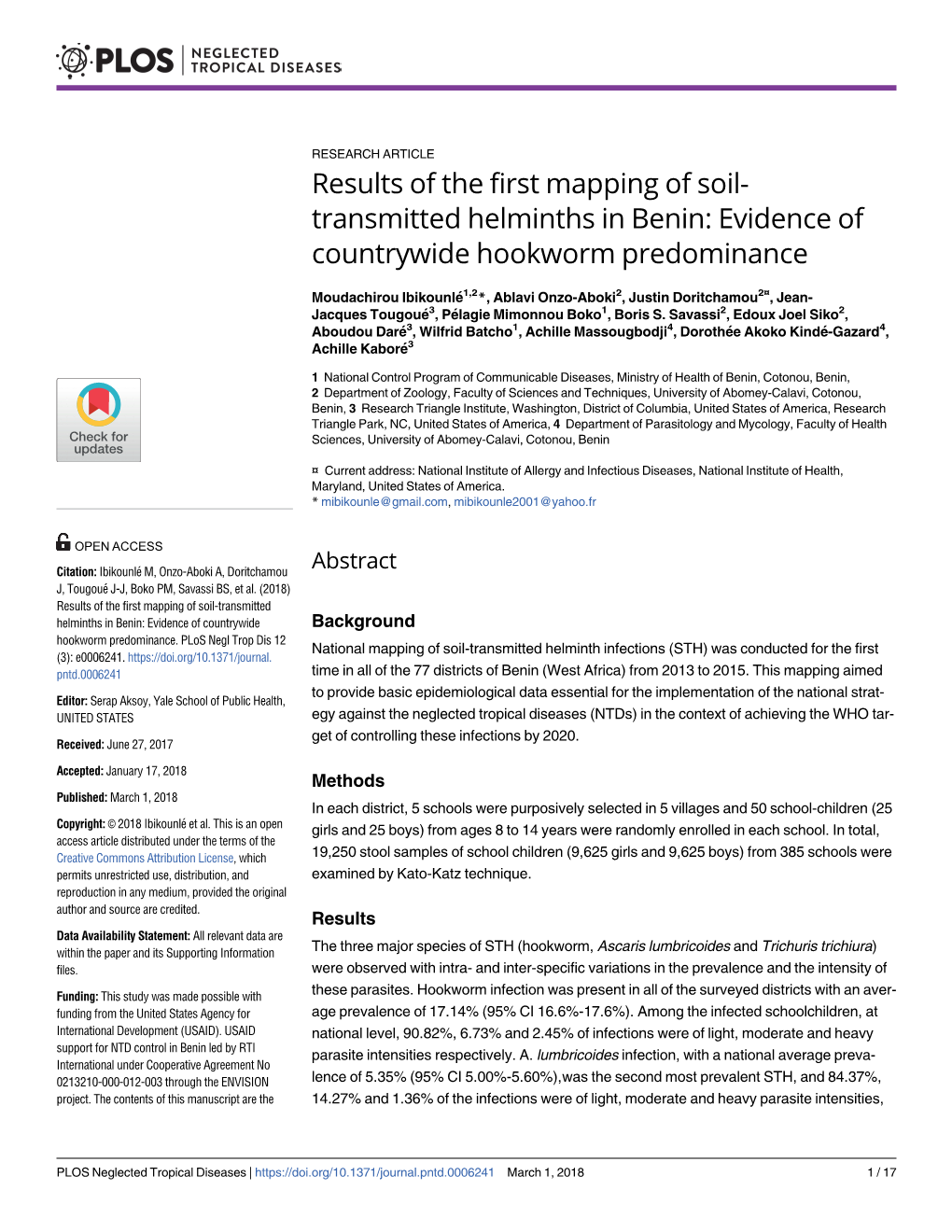 Results of the First Mapping of Soil-Transmitted Helminths in Benin: Evidence of Countrywide Background Hookworm Predominance