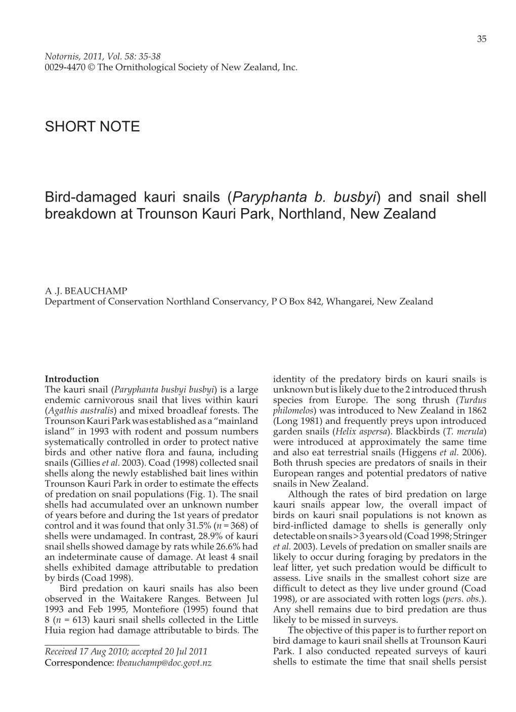 SHORT NOTE Bird-Damaged Kauri Snails (Paryphanta B. Busbyi)