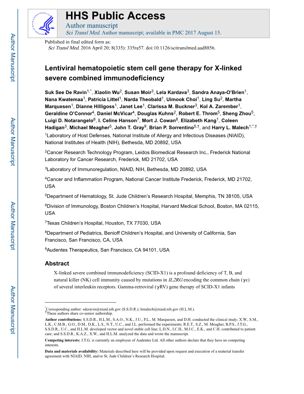 Lentiviral Hematopoietic Stem Cell Gene Therapy for X-Linked Severe Combined Immunodeficiency