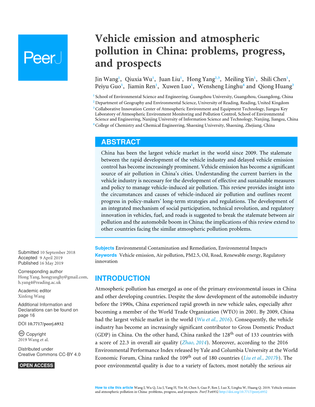 Vehicle Emission and Atmospheric Pollution in China: Problems, Progress, and Prospects