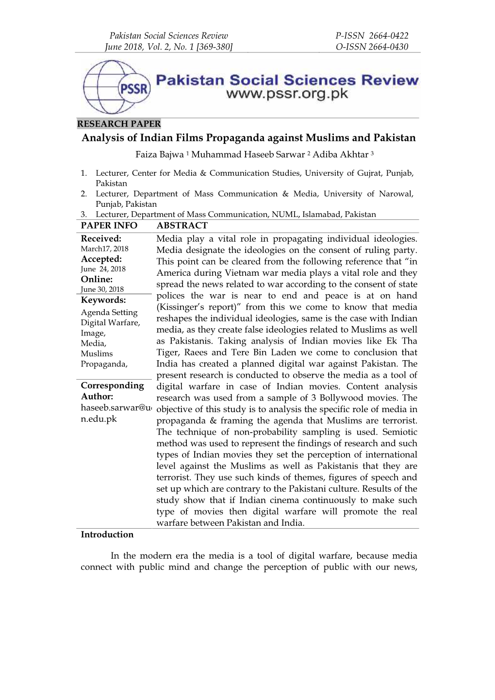 Analysis of Indian Films Propaganda Against Muslims and Pakistan Faiza Bajwa 1 Muhammad Haseeb Sarwar 2 Adiba Akhtar 3