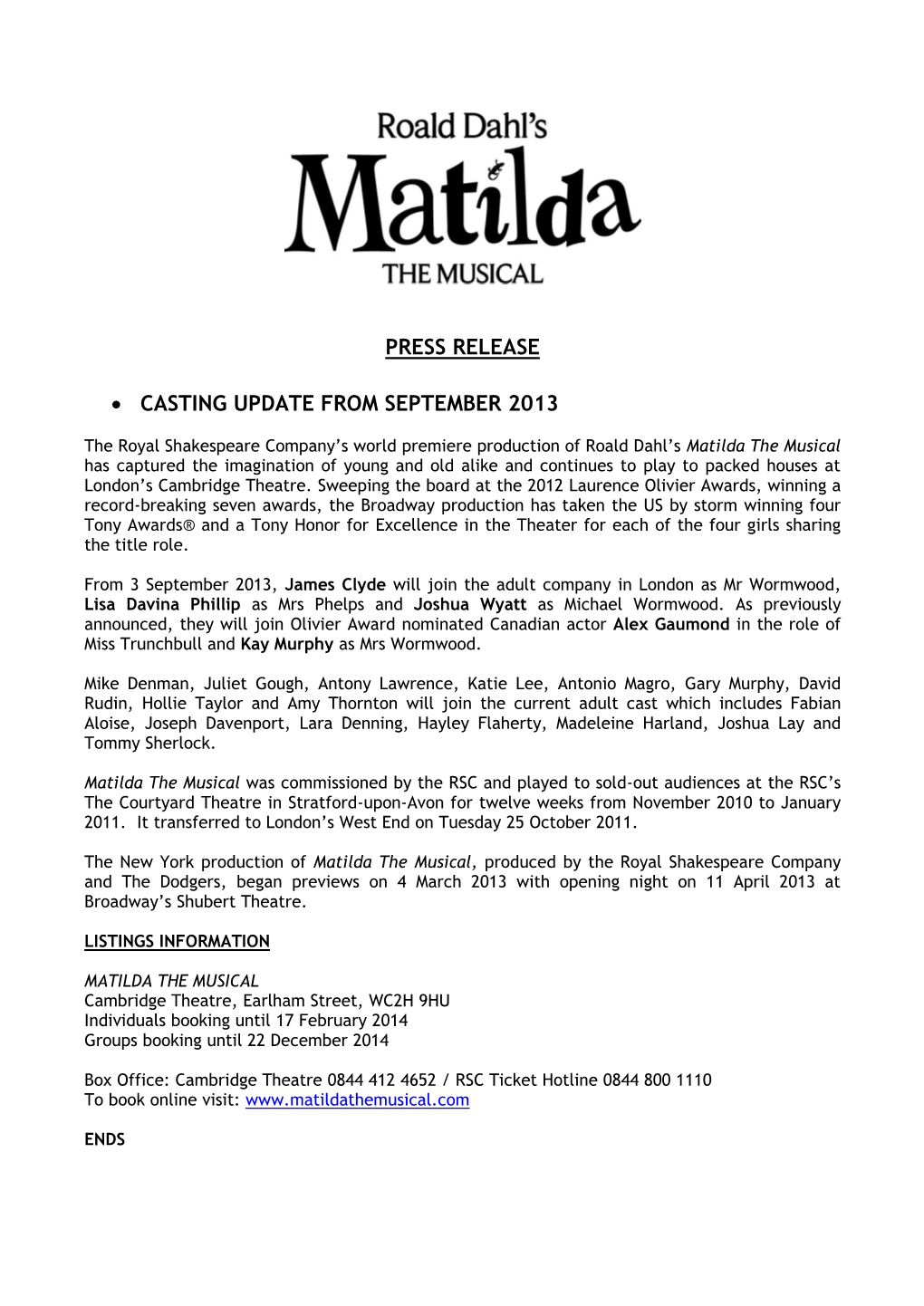 Press Release • Casting Update from September 2013