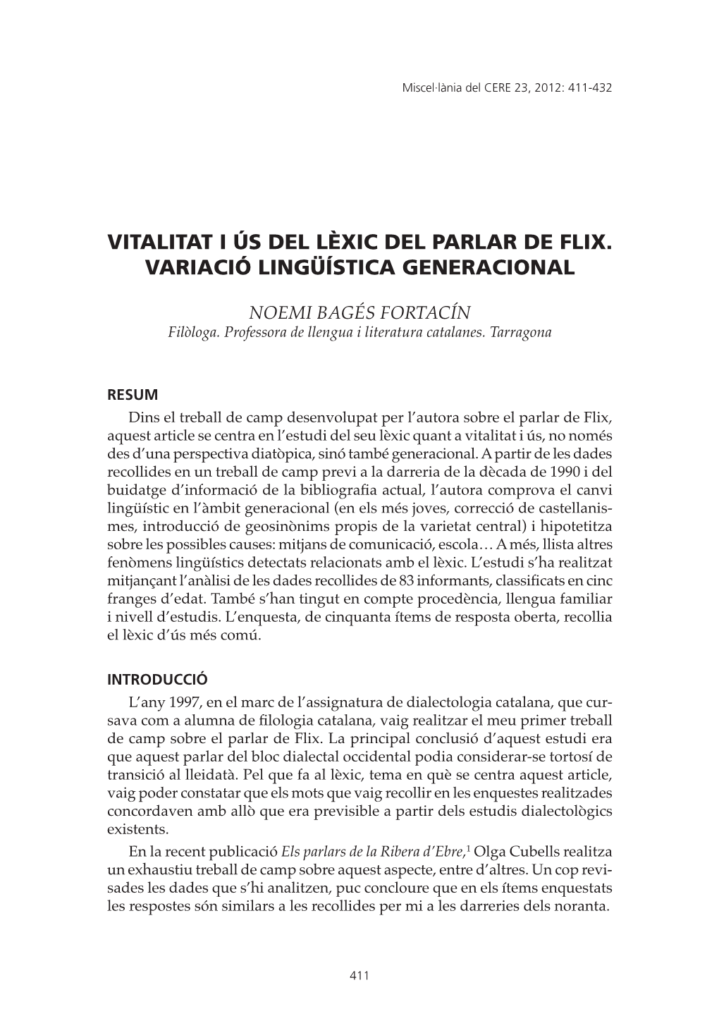 Vitalitat I Ús Del Lèxic Del Parlar De Flix. Variació Lingüística Generacional