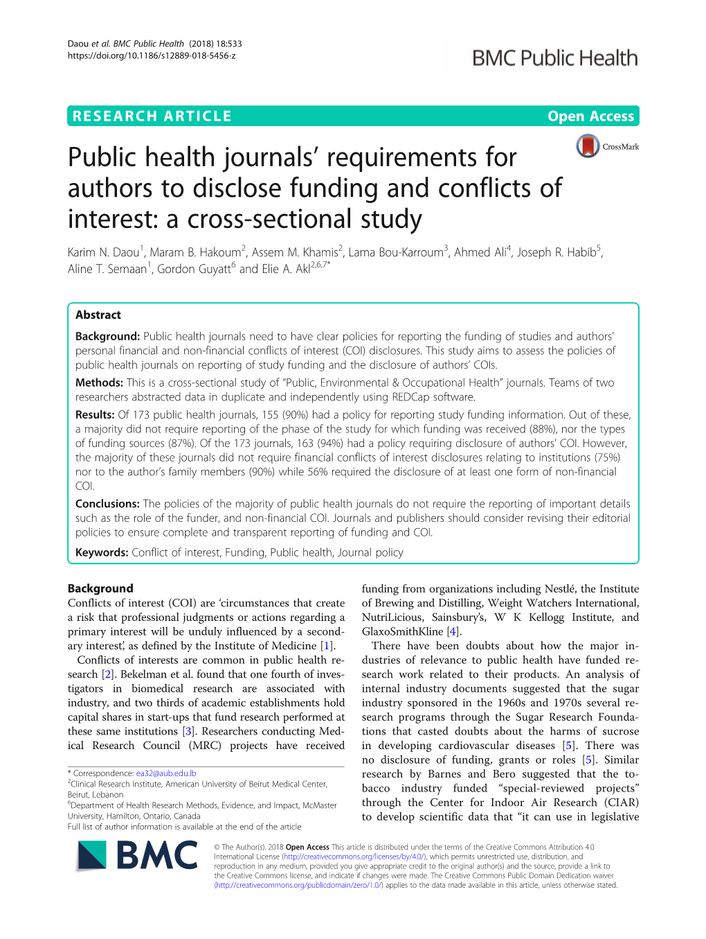 Public Health Journals' Requirements for Authors to Disclose Funding and Conflicts of Interest: a Cross-Sectional Study