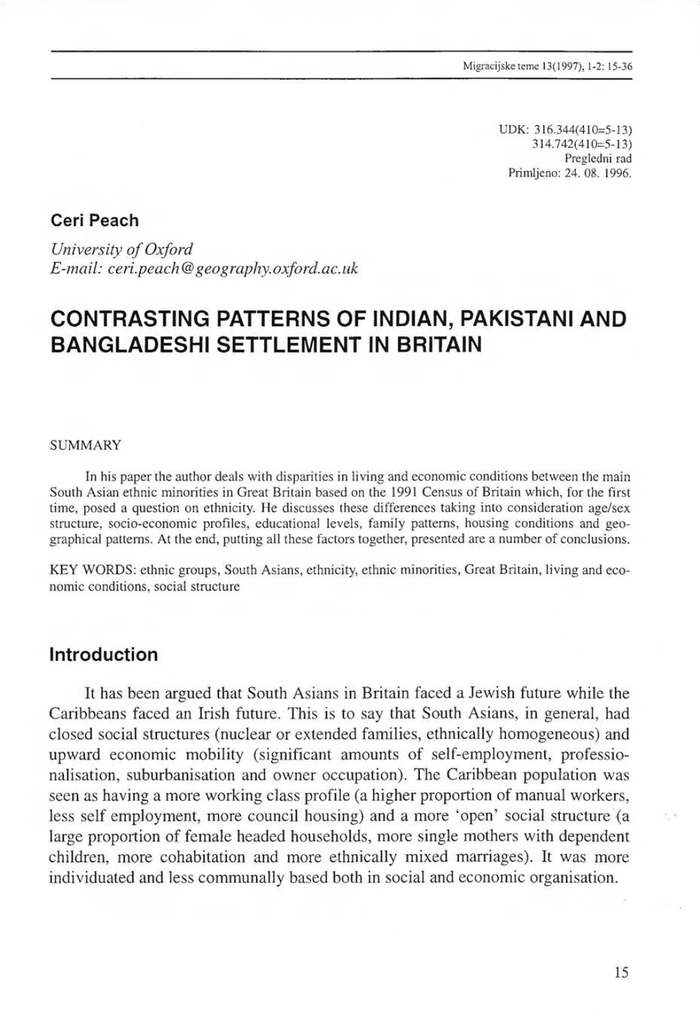 Contrasting Patterns of Indian, Pakistani and Bangladeshi Settlement in Britain