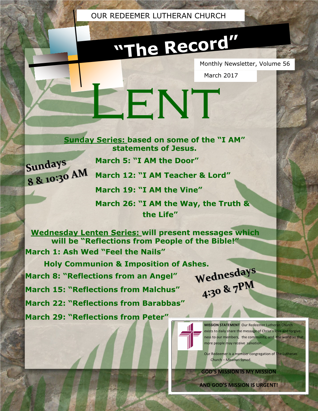 “The Record” Monthly Newsletter, Volume 56 Lent March 2017