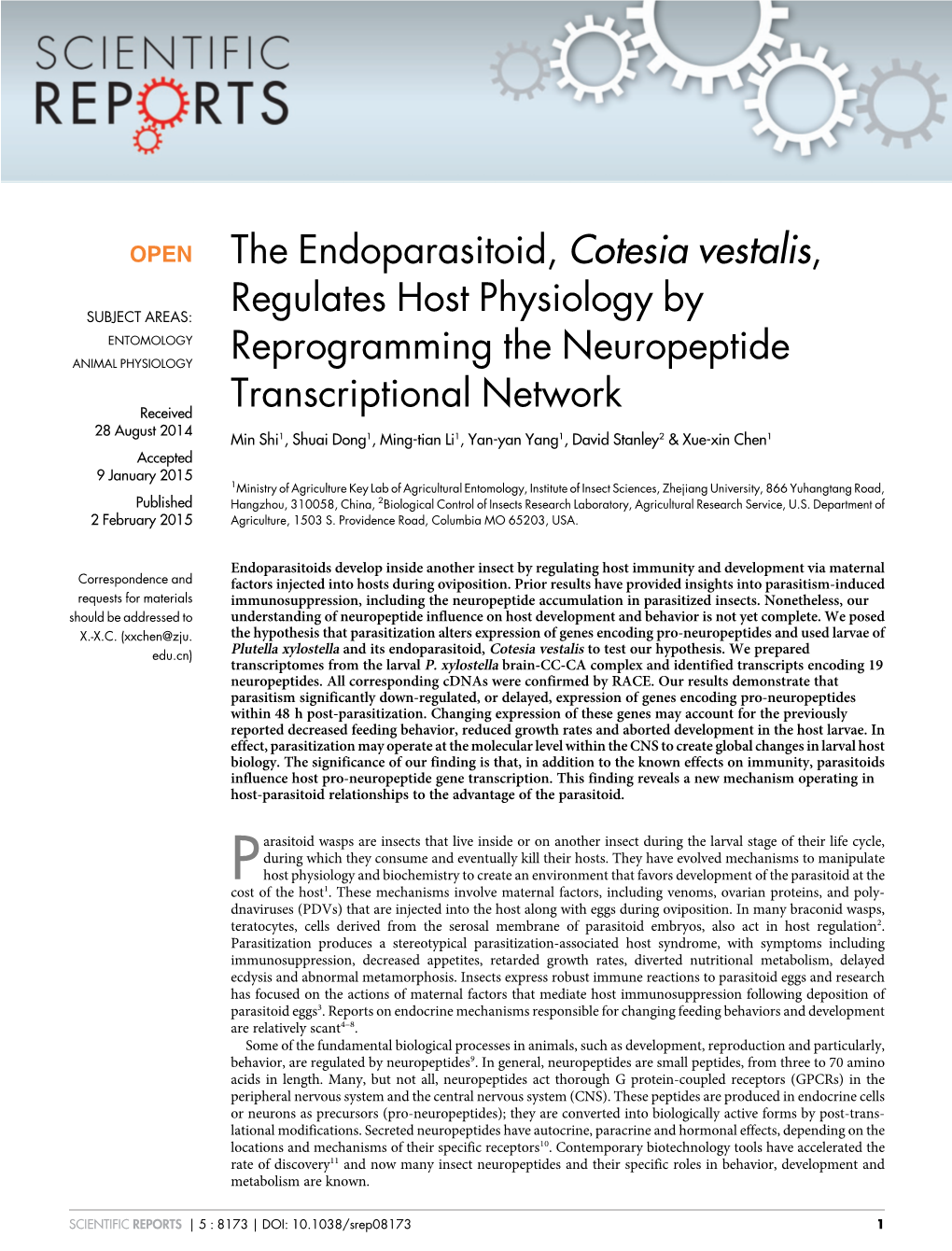 The Endoparasitoid, Cotesia Vestalis, Regulates Host Physiology by Reprogramming the Neuropeptide Transcriptional Network
