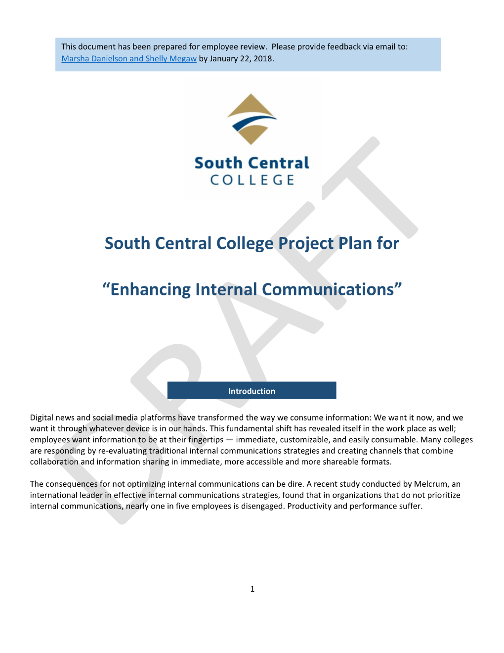 South Central College Project Plan for “Enhancing Internal Communications”