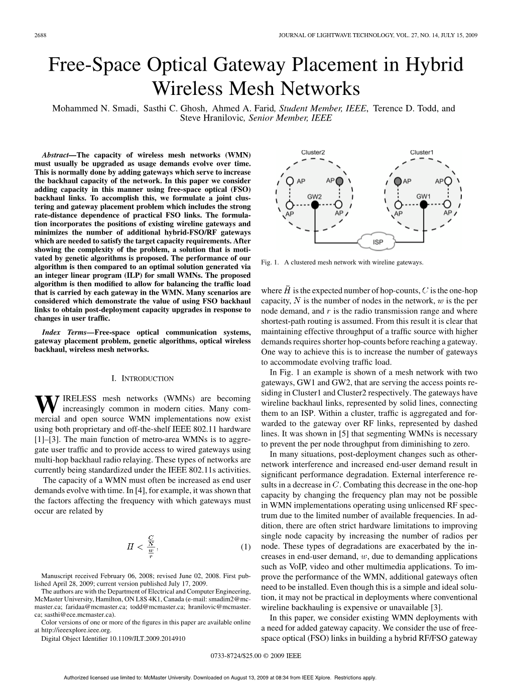 Free-Space Optical Gateway Placement in Hybrid Wireless Mesh Networks Mohammed N