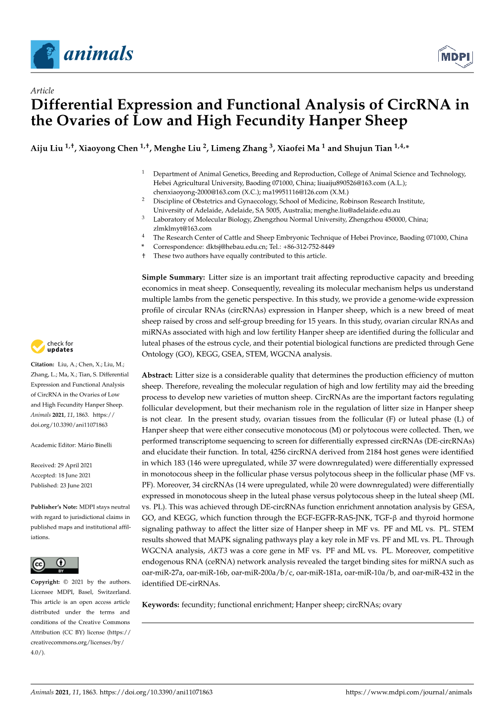 Differential Expression and Functional Analysis of Circrna in the Ovaries of Low and High Fecundity Hanper Sheep