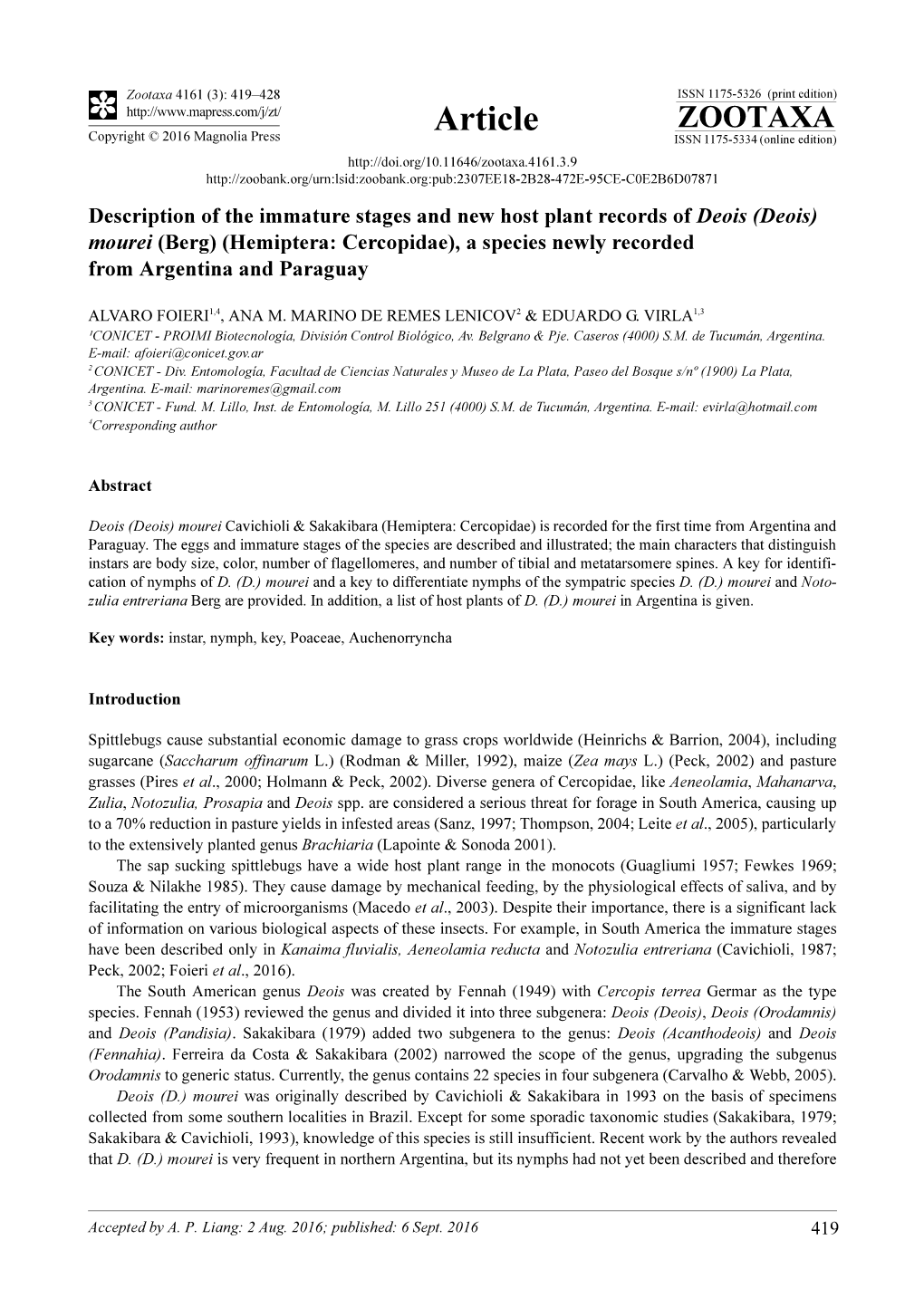 Description of the Immature Stages and New Host Plant Records of Deois