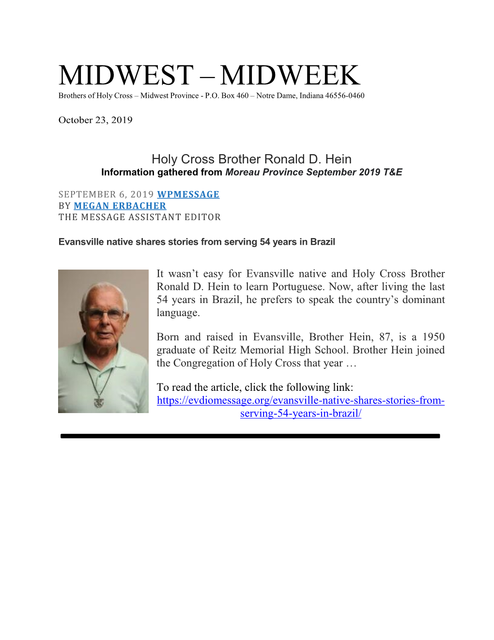 MIDWEST – MIDWEEK Brothers of Holy Cross – Midwest Province - P.O
