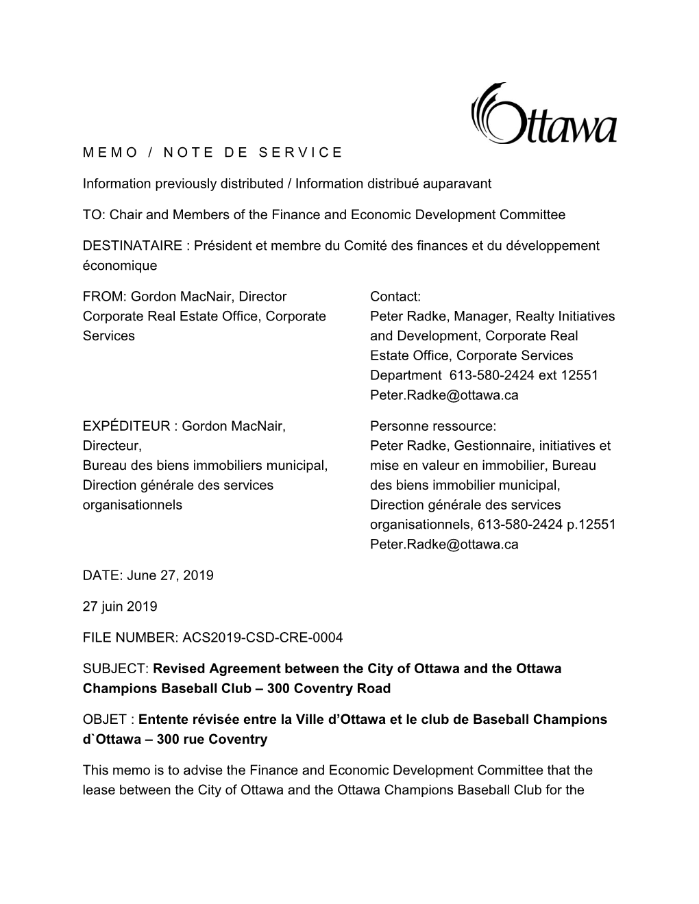 Revised Agreement Between the City of Ottawa and the Ottawa Champions Baseball Club – 300 Coventry Road
