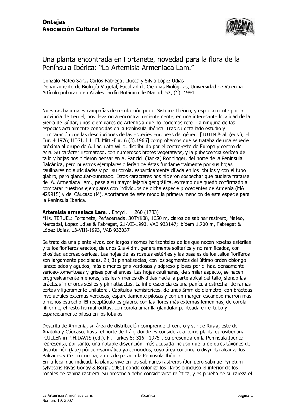 Una Planta Encontrada En Fortanete, Novedad Para La Flora De La Península Ibérica: “La Artemisia Armeniaca Lam.”
