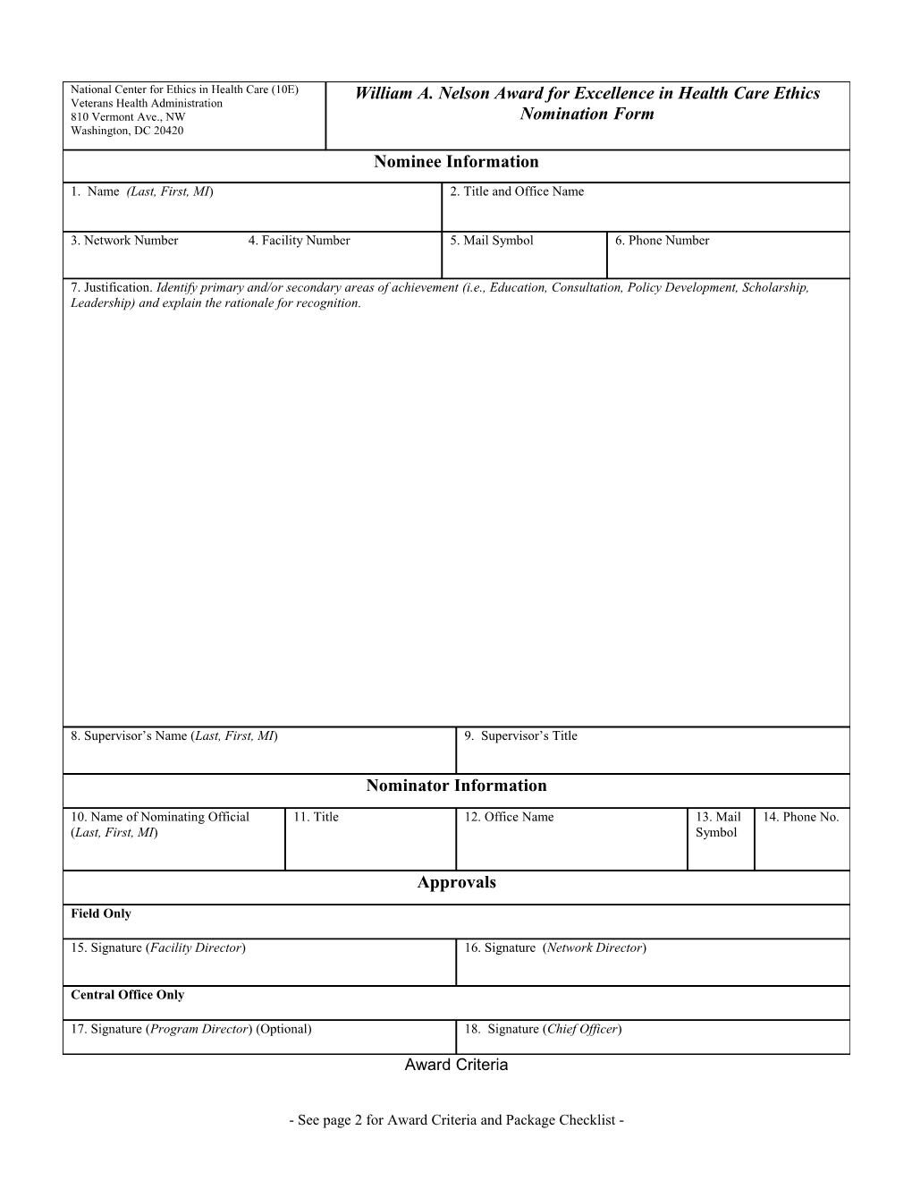 William A. Nelson Award for Excellence in Health Care Ethics 2011 Nomination Form - US