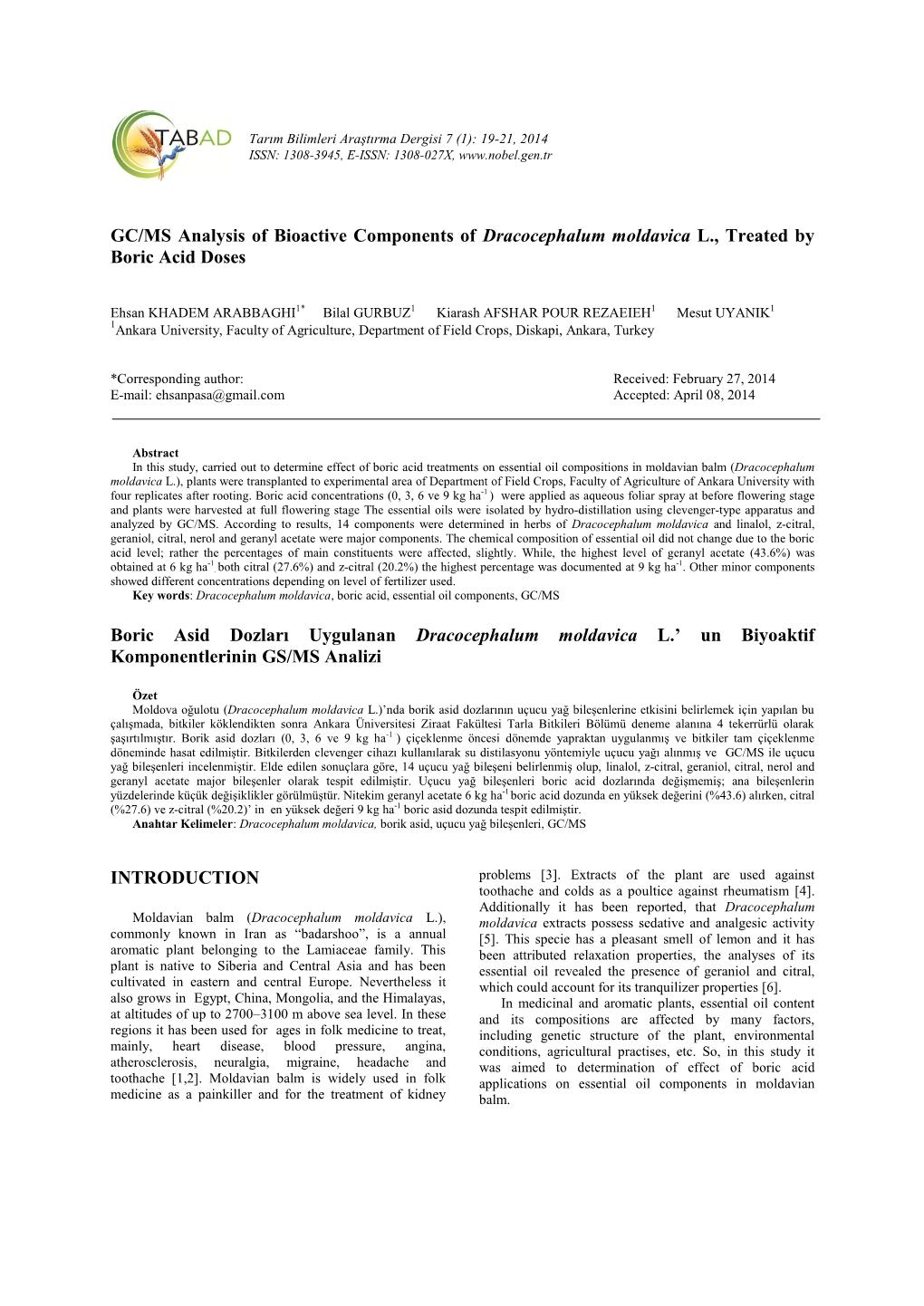 GC/MS Analysis of Bioactive Components of Dracocephalum Moldavica L., Treated by Boric Acid Doses