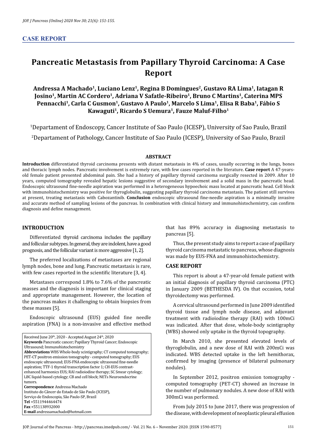 Pancreatic Metastasis from Papillary Thyroid Carcinoma: a Case Report