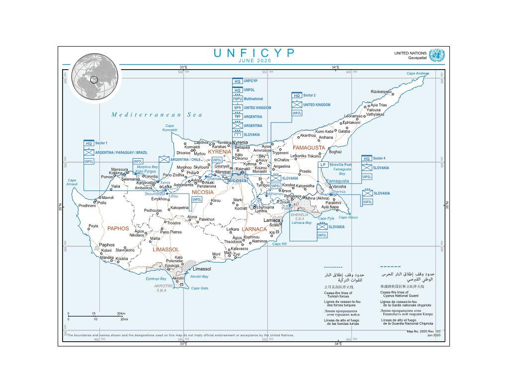 UNFICYP Geospatial JUNE 2020 33°E 34°E 000 000 000 000 450 500 550 600 Cape Andreas 000 000 ! UNFICYP 395 395 HQ