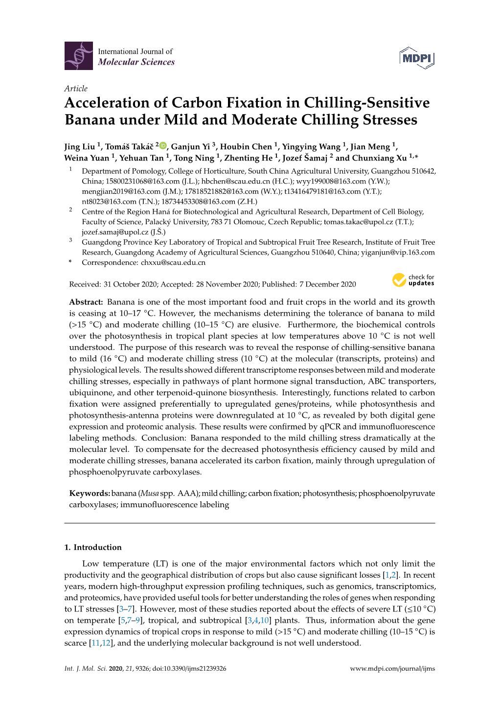 Acceleration of Carbon Fixation in Chilling-Sensitive Banana Under Mild and Moderate Chilling Stresses