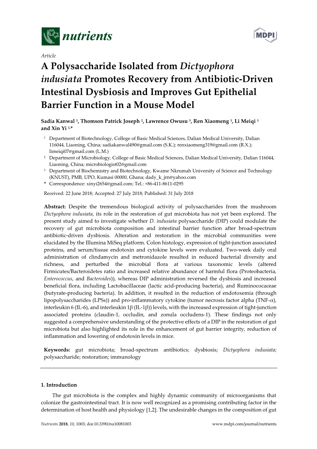 A Polysaccharide Isolated from Dictyophora Indusiata Promotes