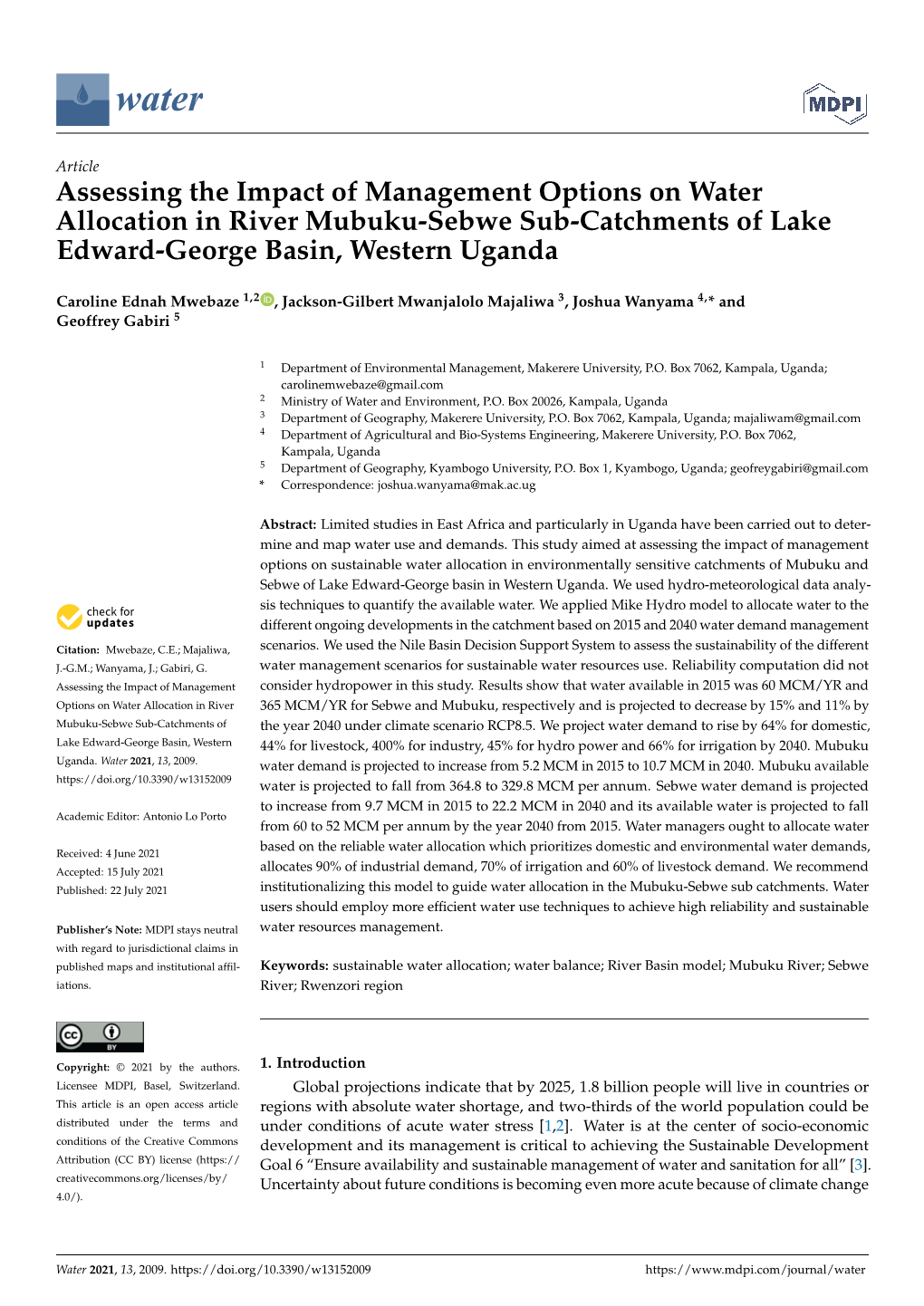 Assessing the Impact of Management Options on Water Allocation in River Mubuku-Sebwe Sub-Catchments of Lake Edward-George Basin, Western Uganda